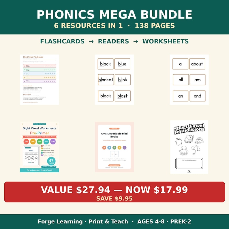 Phonics Bundle Kindergarten | CVC Flashcards, Decodable Readers, Sight Word Worksheets, Consonant Blends, Short Vowel Printable image 1