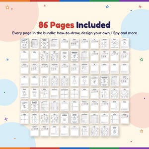 All 86 pages of the drawing bundle in a grid: how-to-draw steps, design your own pages, dice games, I Spy pages, other half pages and certificates.