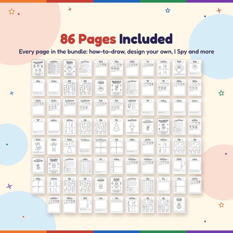 All 86 pages of the drawing bundle in a grid: how-to-draw steps, design your own pages, dice games, I Spy pages, other half pages and certificates.