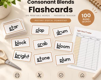 May include: Consonant Blends Flashcards set featuring 100 printable words and a progress tracker. Includes white rectangular cards with brown borders displaying words like star, clap, drum, block, crab, bloom, bright, stone, and plum.