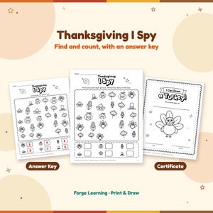Thanksgiving I Spy find-and-count page with turkeys, pumpkins, corn, pies, leaves and hats, shown with its answer key and an I Can Draw a Turkey certificate.
