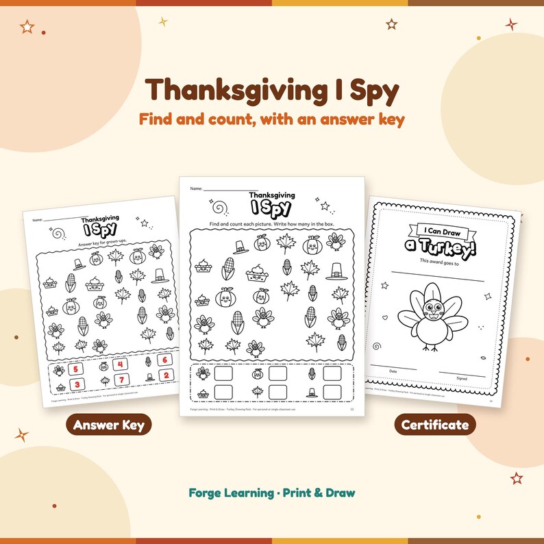 Thanksgiving I Spy find-and-count page with turkeys, pumpkins, corn, pies, leaves and hats, shown with its answer key and an I Can Draw a Turkey certificate.