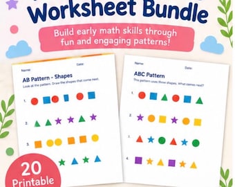 May include: A Pattern Practice Worksheet Bundle featuring two white pages with colorful shape sequences. The text reads Pattern Practice Worksheet Bundle, Build early math skills, AB Pattern, ABC Pattern, 20 Printable Pages, Shapes, Colors, and Print Practice Learn.