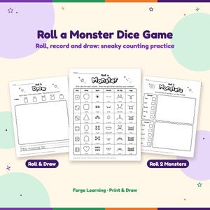 Roll a Monster dice game chart with 6 choices each for body, eyes, mouth, on top and legs, shown with a roll and draw sheet and a roll 2 monsters sheet.