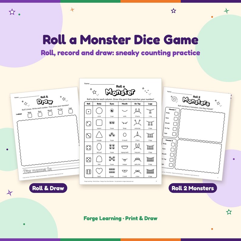 Roll a Monster dice game chart with 6 choices each for body, eyes, mouth, on top and legs, shown with a roll and draw sheet and a roll 2 monsters sheet.