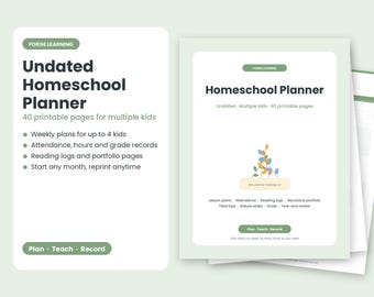 May include: An undated homeschool planner by Forge Learning with 40 printable pages for multiple kids. The document features weekly plans for up to 4 kids, attendance, hours, grade records, reading logs, and portfolio pages. Text includes Plan, Teach, Record.