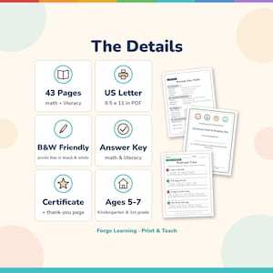 Details panel: 43 pages, US Letter PDF, black and white friendly, answer key, certificate, ages 5-7