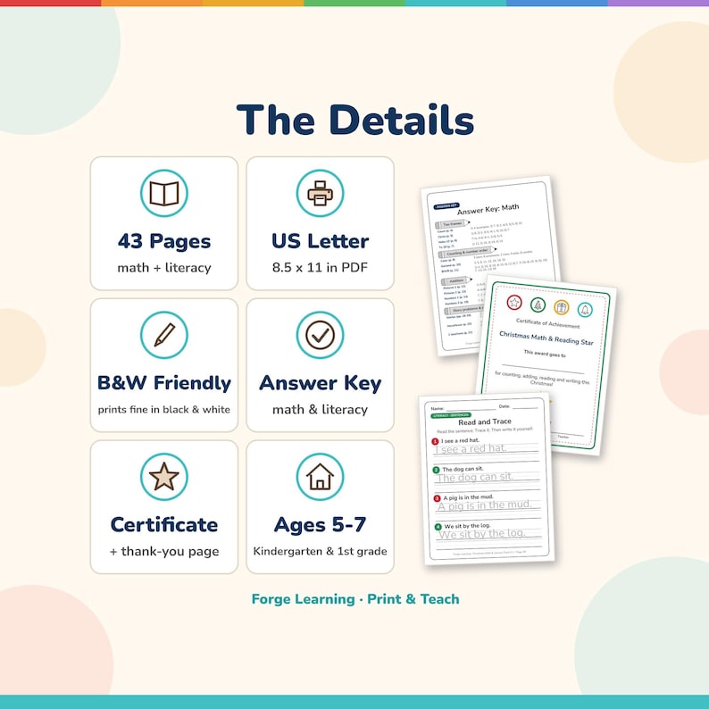 Details panel: 43 pages, US Letter PDF, black and white friendly, answer key, certificate, ages 5-7