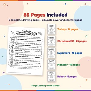 What's included in the 86-page drawing bundle: a contents page plus 5 packs (turkey 14 pages, Christmas elf 25, superhero 15, monster 15 and robot 15).