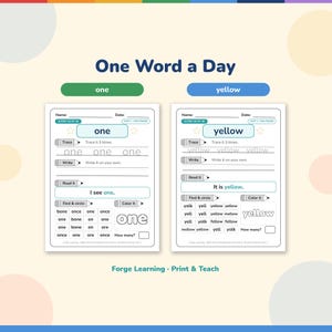 Two sample sight word pages for the words one and yellow, each with trace lines, a write line, a sentence to read, a find and circle grid and a bubble word