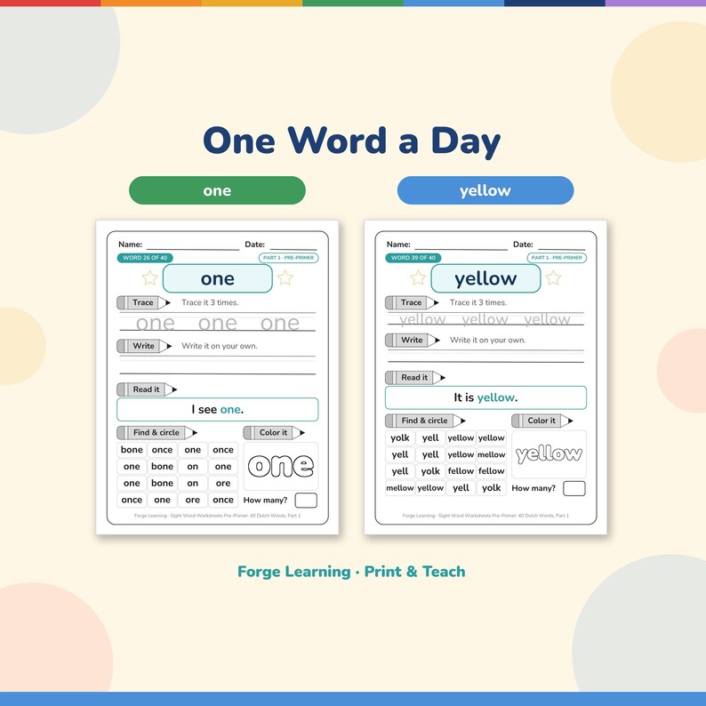 Two sample sight word pages for the words one and yellow, each with trace lines, a write line, a sentence to read, a find and circle grid and a bubble word