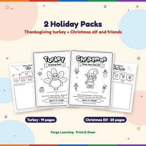 The 2 holiday packs in the bundle: the Thanksgiving turkey drawing pack and the Christmas elf drawing pack, with how-to-draw pie and reindeer pages.