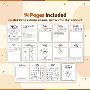 All 14 pages of the Thanksgiving turkey drawing pack: how to draw a turkey, pumpkin and pie, draw the other half, design and disguise a turkey, draw and write, I Spy, answer key and certificate.