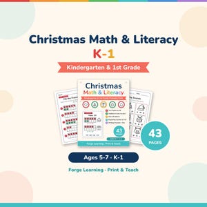 Christmas Math and Literacy K-1 printable cover, 43 pages, kindergarten and 1st grade, ages 5-7