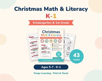 May include: A 43-page Christmas Math & Literacy printable pack for kindergarten and 1st grade students, ages 5-7. The cover features festive icons, ten frames, and addition exercises. Includes worksheets for beginning sounds and CVC words.