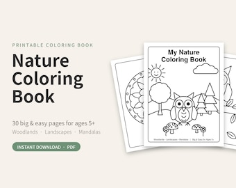 May include: A printable coloring book titled My Nature Coloring Book featuring 30 pages with line art illustrations of owls, trees, mushrooms, sun, clouds, and mandalas. The cover displays the text My Nature Coloring Book.