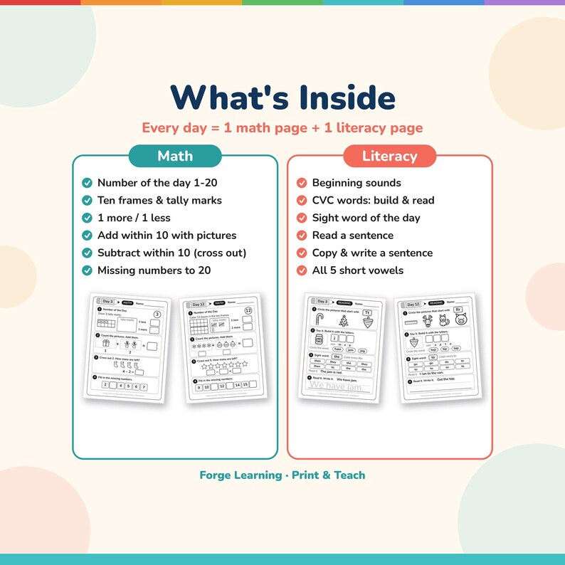 What's inside the December morning work pack: daily math and literacy pages, answer key and certificate