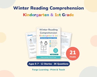 May include: A Winter Reading Comprehension packet for Kindergarten and 1st Grade featuring 12 stories, 36 questions, and 21 pages. The cover displays a snowman and penguin icon, with text indicating ages 5-7, fiction and nonfiction content.