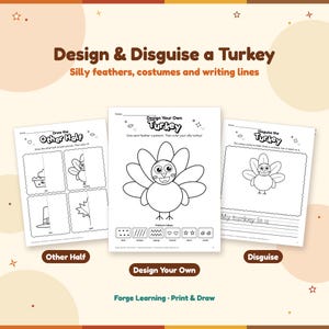 Design your own turkey page with big wonky feathers to fill with patterns, a disguise the turkey page with writing lines, and a draw the other half page.