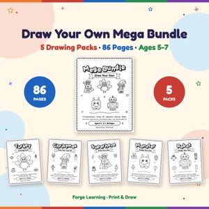 Draw Your Own Mega Bundle cover for kids ages 5-7 with the 5 pack covers: turkey, Christmas elf, superhero, monster and robot. 86 printable black-and-white pages.