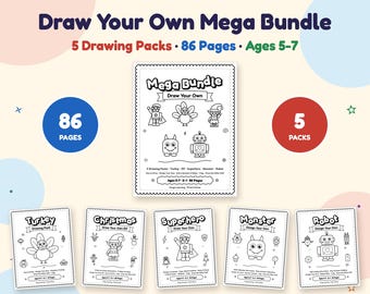 May include: A Draw Your Own Mega Bundle educational set featuring 5 drawing packs and 86 pages for ages 5-7. The collection includes individual activity sheets for a turkey, elf, superhero, monster, and robot, all presented in black and white.