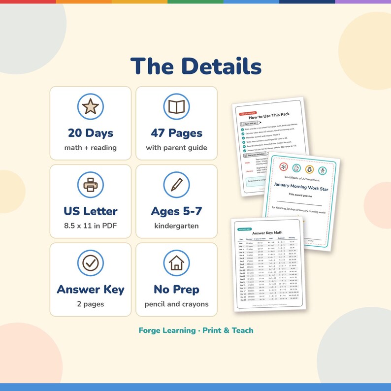 January morning work details: 20 days, 47 US Letter pages, ages 5-7, kindergarten, 2-page answer key, no prep, just a pencil and crayons, certificate