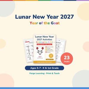 Puede incluir: Un conjunto de hojas de actividades para el Año Nuevo Lunar 2027, el año de la cabra, para jardín de infancia y primer grado. La portada muestra una ilustración de una cabra, linternas rojas y 23 páginas de ejercicios de matemáticas.
