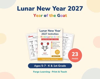 May include: A set of Lunar New Year 2027 Year of the Goat activity worksheets for kindergarten and 1st grade. The cover page features a goat illustration, red lanterns, and text detailing 23 pages of math, literacy, and reading activities.