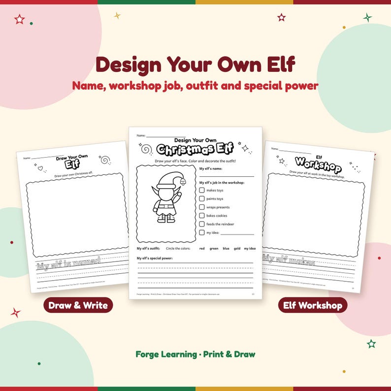 Design Your Own Christmas Elf page with an elf outline, name line and workshop job checklist, shown with Draw Your Own Elf and Elf Workshop draw-and-write pages.