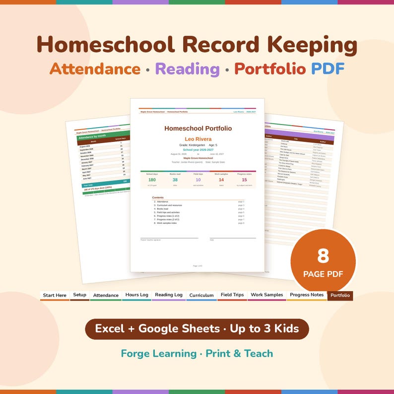 Homeschool record keeping spreadsheet with a printed 8-page homeschool portfolio: a kindergartner's days-only cover, attendance by month and books read pages, plus the spreadsheet's 10 tabs. Works in Excel and Google Sheets.