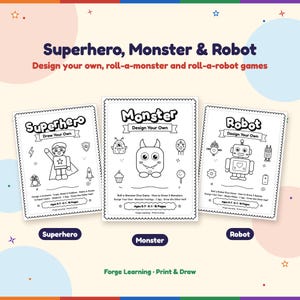 The superhero, monster and robot packs in the bundle: design your own superhero, design your own monster and design your own robot covers.