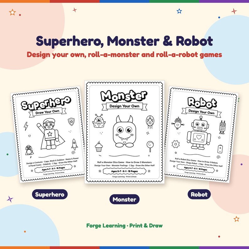 The superhero, monster and robot packs in the bundle: design your own superhero, design your own monster and design your own robot covers.