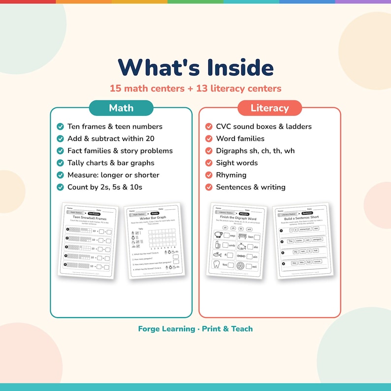 What's inside the winter pack: 15 math centers like teen ten frames and a bar graph, 13 literacy centers like digraphs and build a sentence