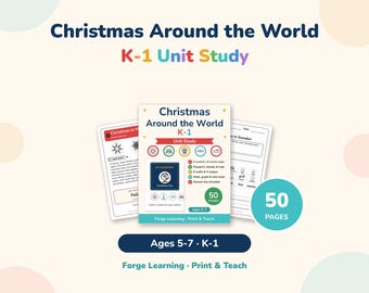 May include: A 50-page Christmas Around the World K-1 unit study educational packet. The cover features a passport graphic, icons for 8 countries, and text detailing 6 crafts, 4 recipes, and math activities for ages 5-7. Includes worksheets.