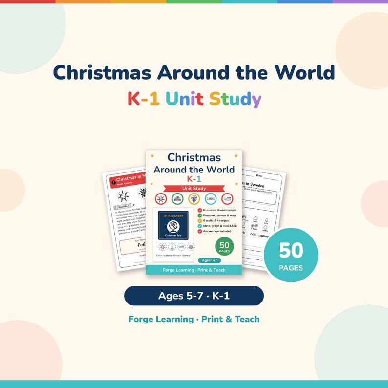 Cover of the Christmas Around the World K-1 unit study, with a 50-page badge, shown with a Mexico read-aloud page and a Sweden activity page.
