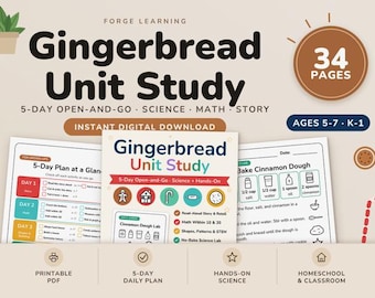 May include: A digital Gingerbread Unit Study curriculum for ages 5-7, featuring 34 pages of printable lesson plans, science experiments, and math activities. The document includes a 5-day plan, a cinnamon dough lab, and educational worksheets.