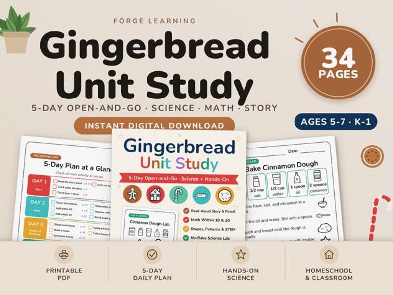 Cover of a 5-day open and go Gingerbread Unit Study printable for kindergarten and 1st grade