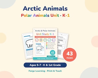 May include: A 43-page educational unit study titled Arctic & Polar Animals for kindergarten and 1st grade. The set includes printable worksheets featuring polar bears, penguins, and science activities with text labels and counting exercises.