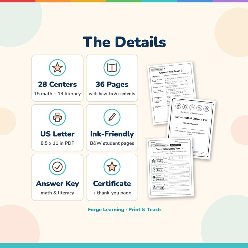 Details panel: 28 centers, 36 pages, US Letter PDF, black and white student pages, answer key and certificate