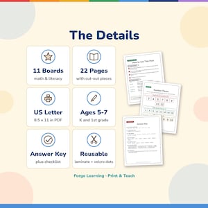 Details: 11 boards, 22 pages with cut-out pieces, US Letter PDF, ages 5-7, answer key and checklist, reusable with lamination and hook-and-loop dots.