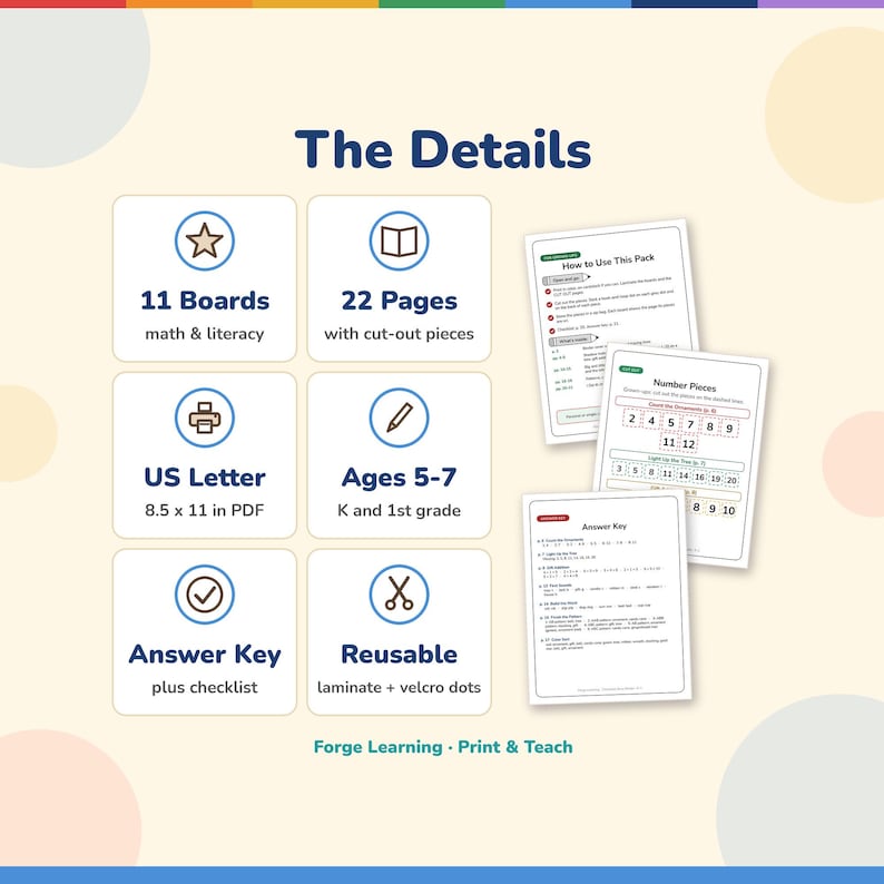 Details: 11 boards, 22 pages with cut-out pieces, US Letter PDF, ages 5-7, answer key and checklist, reusable with lamination and hook-and-loop dots.