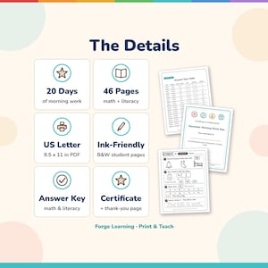 Details panel: kindergarten ages 5-7, black and white US Letter PDF, about 10 minutes a day