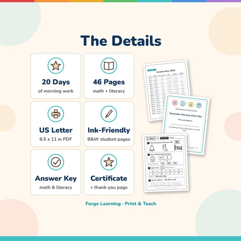 Details panel: kindergarten ages 5-7, black and white US Letter PDF, about 10 minutes a day