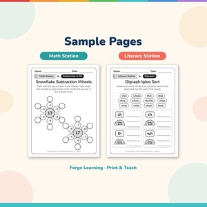 Sample pages: Snowflake Subtraction Wheels math worksheet and Digraph Igloo Sort worksheet for sh, ch, th and wh