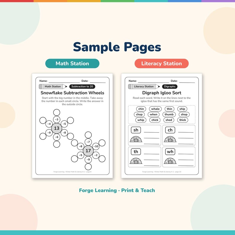 Sample pages: Snowflake Subtraction Wheels math worksheet and Digraph Igloo Sort worksheet for sh, ch, th and wh