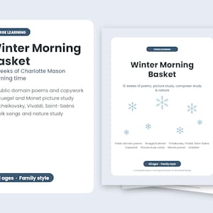Winter Morning Basket Printable: a 12-week Charlotte Mason morning time plan with poems and copywork, Bruegel and Monet picture study, Tchaikovsky, Vivaldi and Saint-Saëns, and folk songs, shown with a cover mockup.