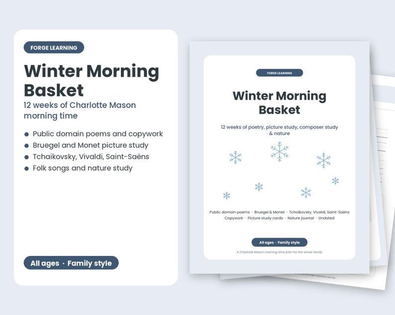Winter Morning Basket Printable: a 12-week Charlotte Mason morning time plan with poems and copywork, Bruegel and Monet picture study, Tchaikovsky, Vivaldi and Saint-Saëns, and folk songs, shown with a cover mockup.