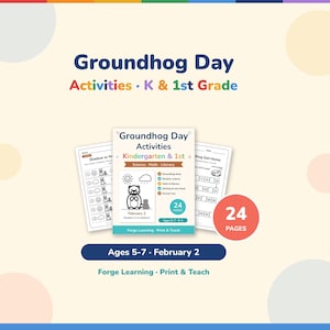 Puede incluir: Un paquete de actividades de 24 páginas sobre el Día de la Marmota para estudiantes de kínder y primer grado. La portada incluye una ilustración de una marmota, el texto Groundhog Day Activities y temas de ciencia, matemáticas y lectura.