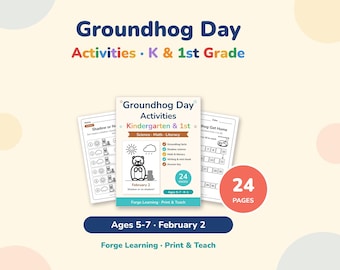 May include: A 24-page Groundhog Day activity packet for kindergarten and 1st grade students. The cover features a groundhog illustration, the text Groundhog Day Activities, and lists science, math, and literacy topics for ages 5-7.