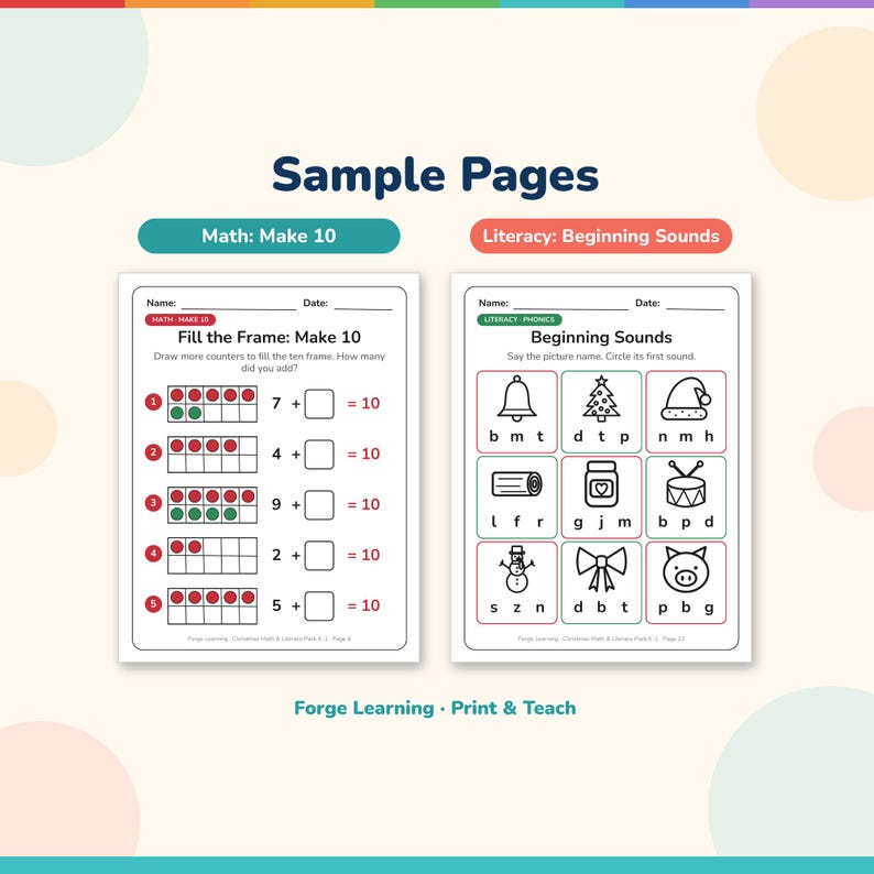 Sample pages: Fill the Frame Make 10 worksheet and Christmas beginning sounds worksheet